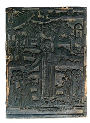 Les bois gravés illustrent souvent des livres religieux, comme ici ce bois représentant saint Fiacre, patron des jardiniers. 17e ou 18e siècle. Photo Médiathèque Jacques Chirac, Troyes Champagne métropole