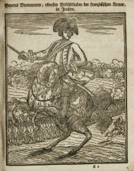 Le jeune général Bonaparte lors de la campagne d'Italie, gravure d'un almanach en allemand de 1797 (cote B. Bl. 3845)